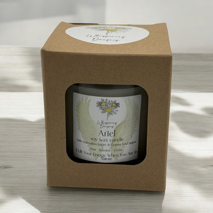 Ariel Angel Candle in a clear glass jar, topped with dalmatian jasper and guinea fowl jasper crystals, handmade soy candle from Whispering Daisies in North Devon.