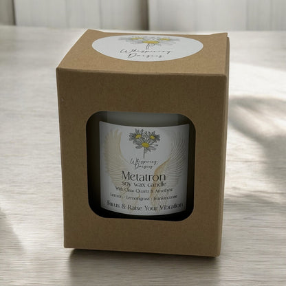 Metatron Angel Candle in a clear glass jar, topped with clear quartz and amethyst crystals, handmade soy candle from Whispering Daisies in North Devon.