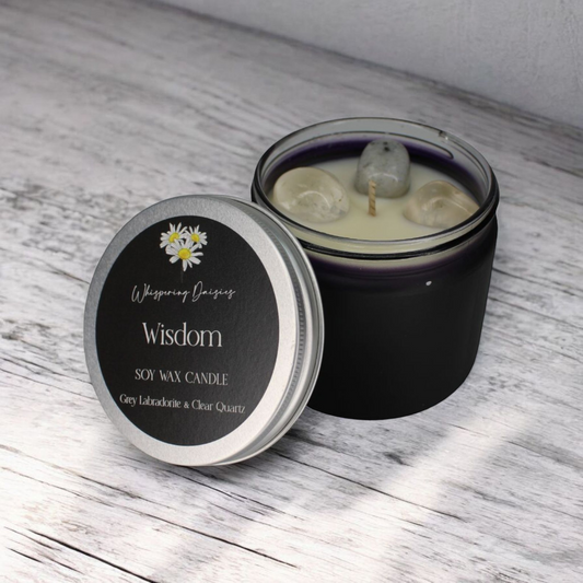 Wisdom Candle with clear quartz and grey labradorite crystals, fruity floral aroma, handmade by Whispering Daisies.
