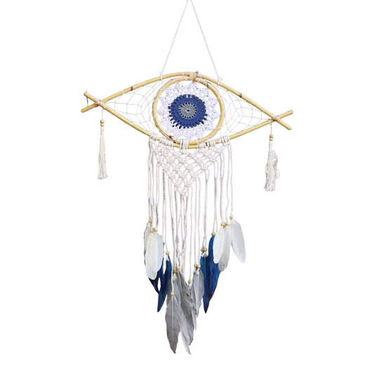 Protection Dream Catcher - Large Macrame Evil Eye (White/Blue/Grey)