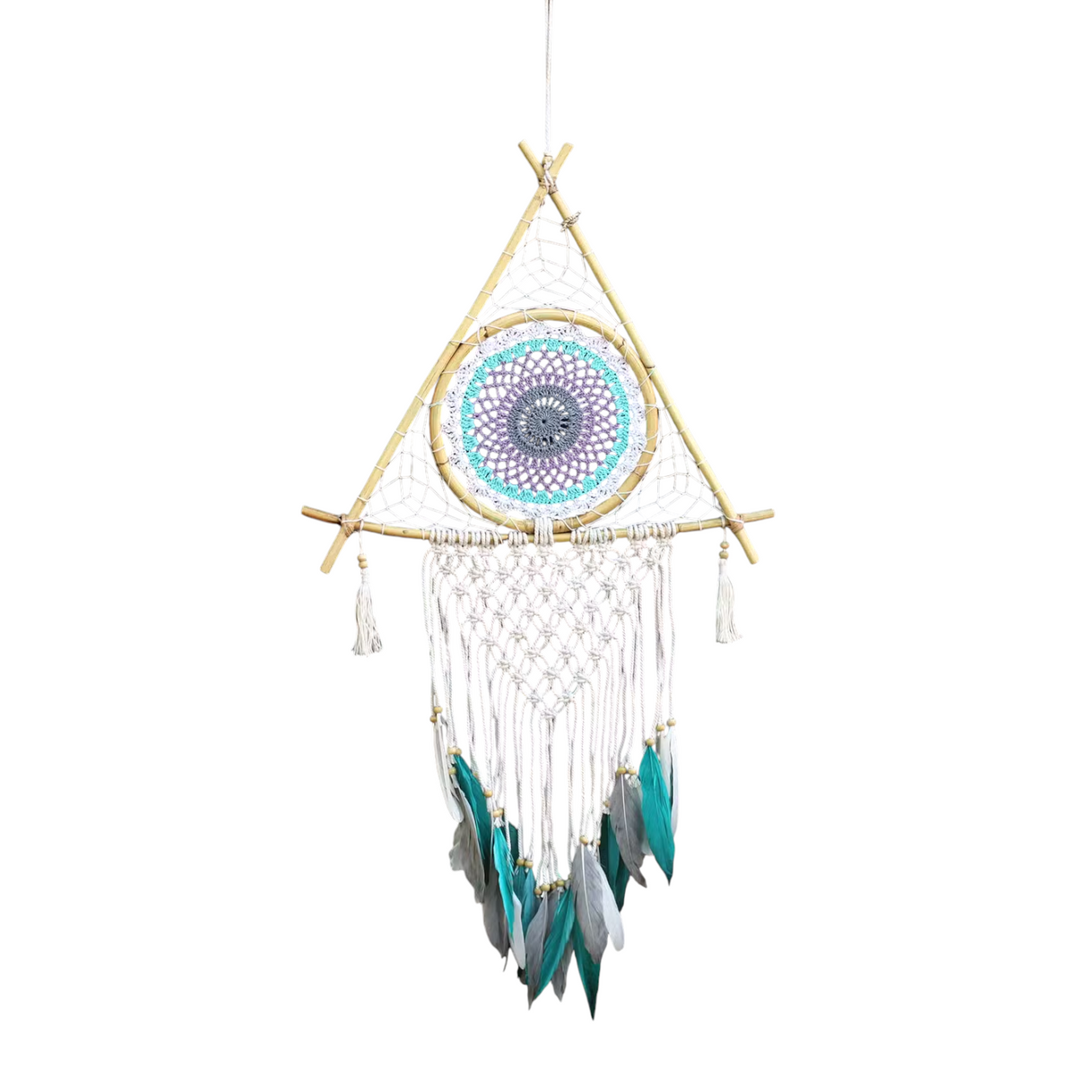 Protection Dream Catcher - Large Macrame Pyramid (White/Turquoise)